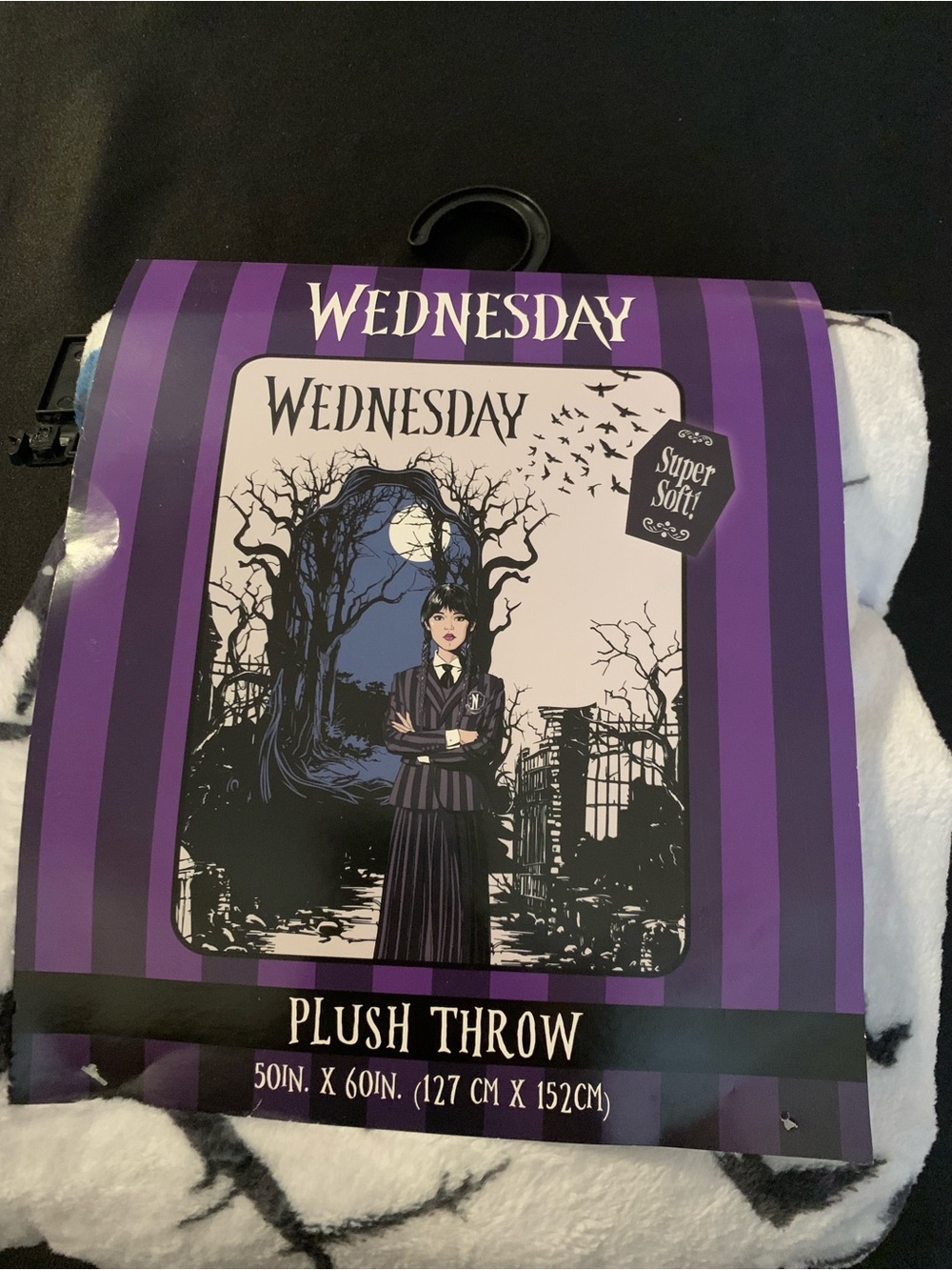 Wednesday Addams Plush Throw - Black & White with Purple Packaging